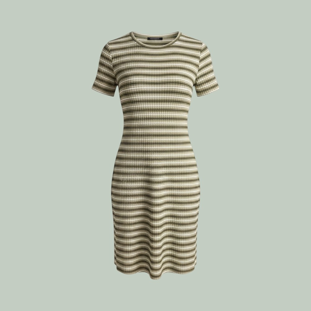 LuLaRoe T-Shirt Dress 3XL Olive Green Striped Ribbed Knit Short Sleeve Pocket